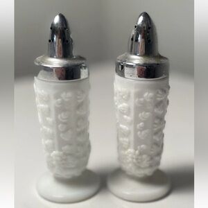 Westmoreland milk glass salt & pepper shakers‎ Grape design in panels Vintage